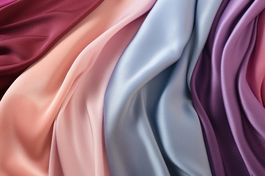 silk fabrics, color shades of blue, purple, and pink